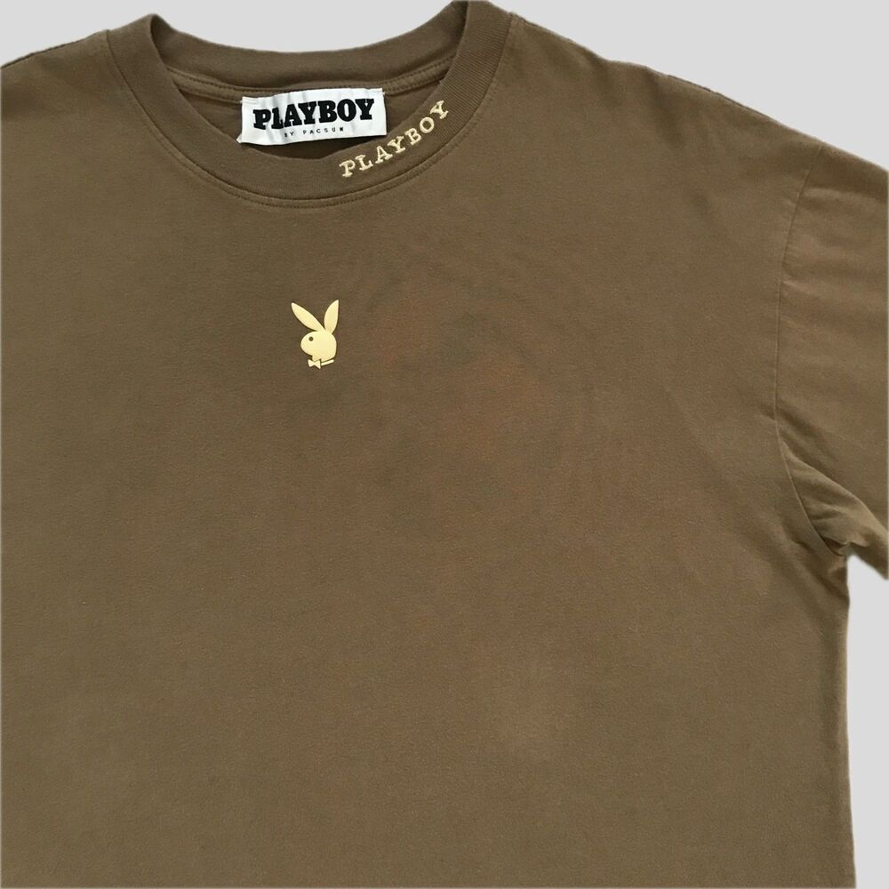 PacSun Playboy Brown Embroidred Logo Neutral Cotton T Shirt Mens M